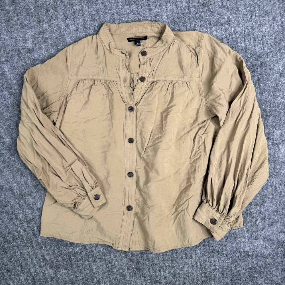 Banana Republic Shirt Womens Size M Tan Viscose Blend Band Collar Button Down